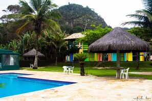 A swimming pool with a stone deck, surrounded by palm trees and a thatched-roof hut. - Pousada O Costao do Sol (Balneário Camboriú)