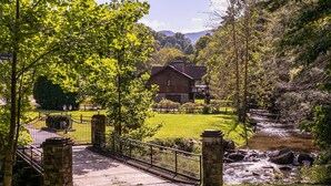 A rustic house with a stone entrance, a paved driveway, and a small stream in the background. - Cardinal's Nest- Along Cranberry Creek, great for tubing, kayaking (Elk Park)