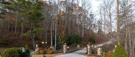 A gated driveway leading to a property surrounded by trees and a stone wall.