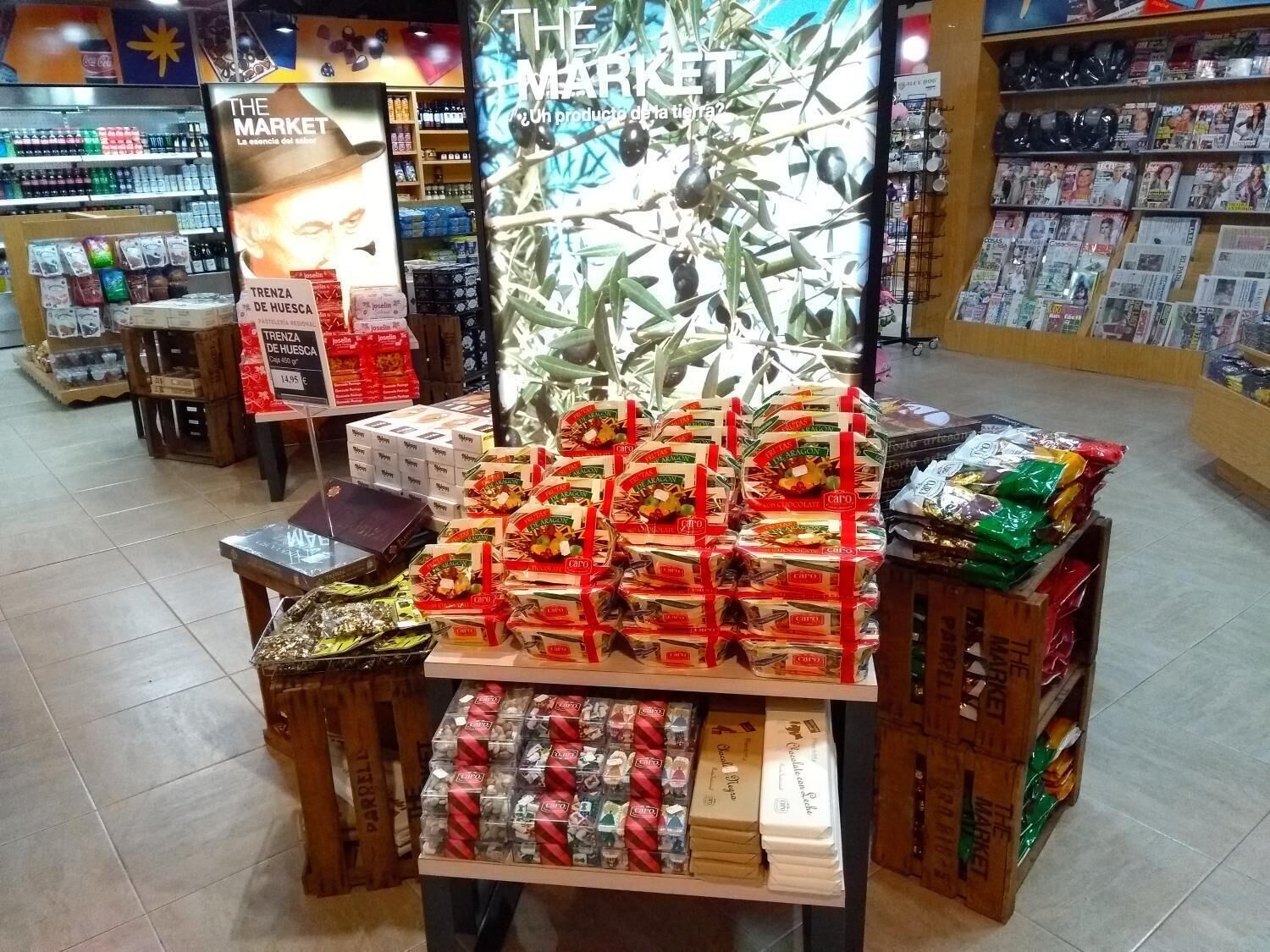 A display of snacks and beverages in a store.