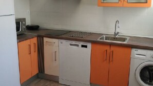 A compact kitchen with a dishwasher, washing machine, and a microwave. - Zamora Apartments (Zamora)