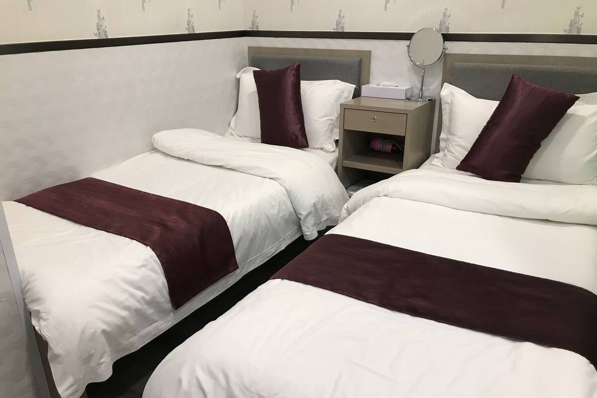 A hotel room with two beds, each with white bedding and a dark brown throw. There is a nightstand with a mirror and a tissue box.