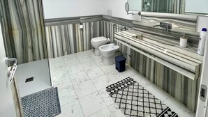 A modern bathroom with a toilet, bidet, vanity with a mirror, and a patterned rug on the floor. - HOLIDAY APARTMENT IN THE HEART OF VALPOLICELLA (San Pietro In Cariano)