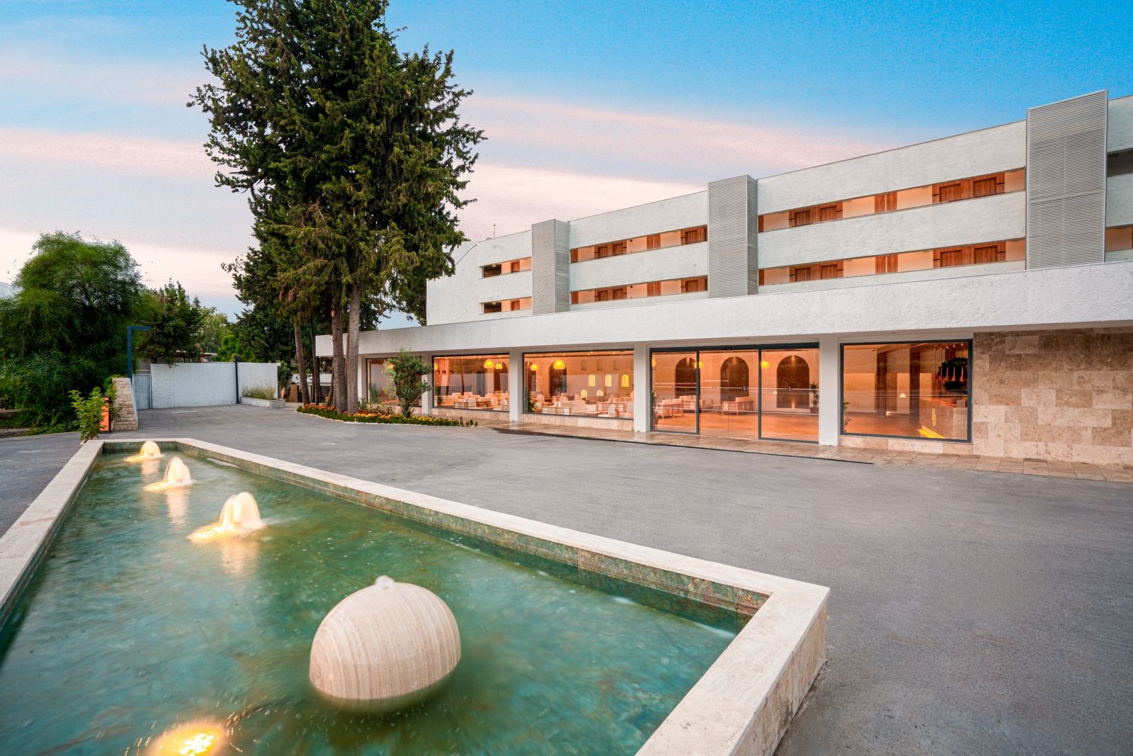 A modern building with a pool and fountains, large windows, and a flat roof.