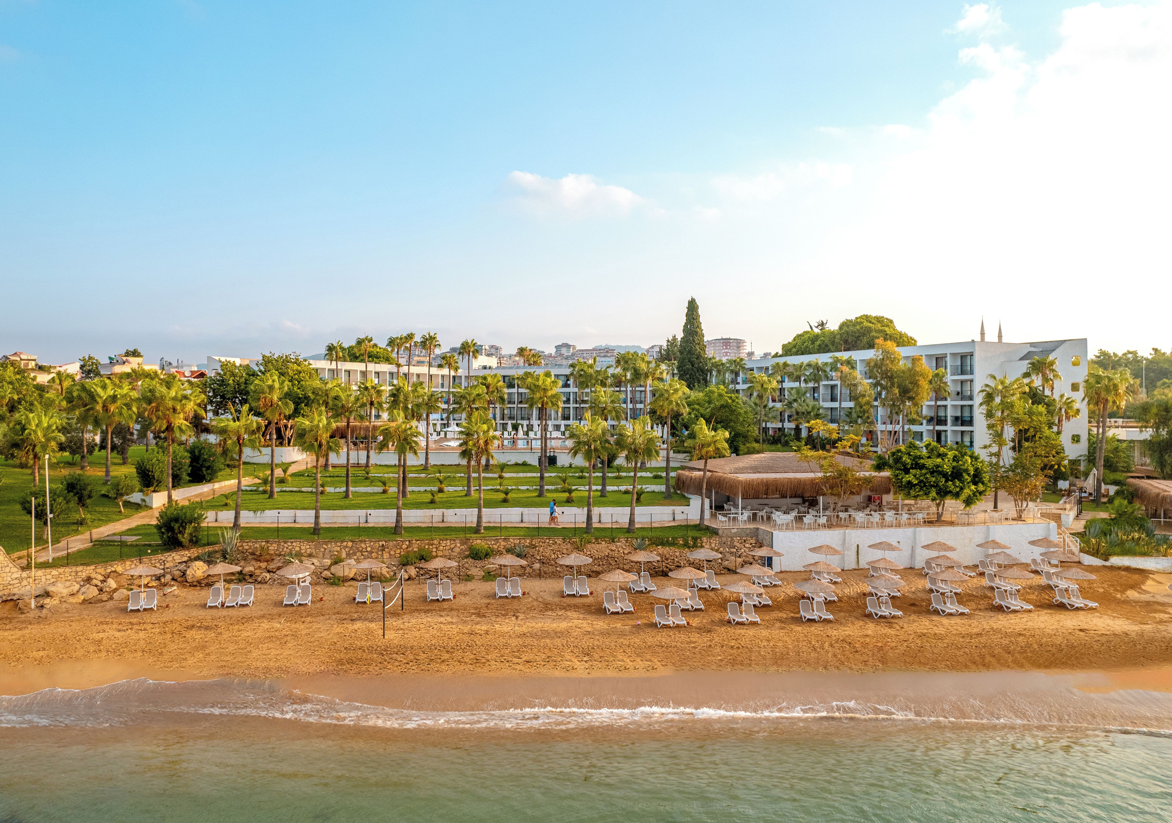 Un hôtel situé en bord de mer, avec plusieurs étages, des palmiers et une plage de sable où l’on trouve des chaises longues.