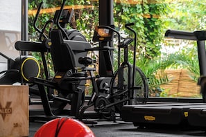A gym with exercise equipment, a treadmill, and a window with a view of greenery. - Yalihan Aspendos Hotel (Alanya)