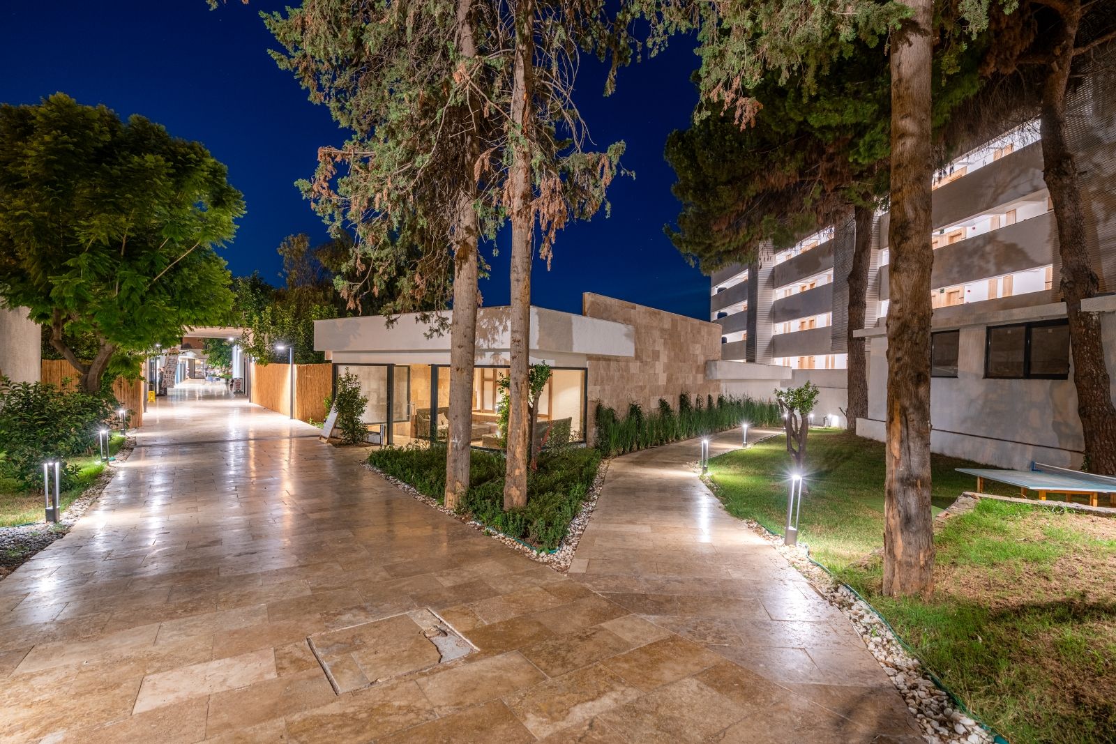 A modern building with a paved walkway, trees, and a well-lit entrance.