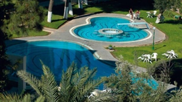 Piscina de diseño circular, rodeada de césped y árboles.
