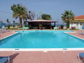A rectangular swimming pool with a tiled deck, surrounded by lounge chairs and palm trees. - Ammes Hotel & Apartments (Kefalonia)