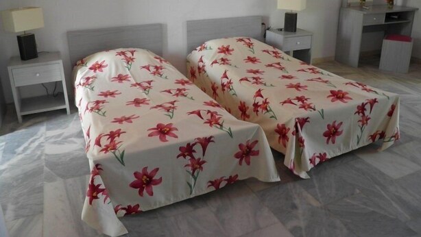 A hotel room with two single beds, a desk, a chair, a nightstand, a lamp, and a mirror. - Ammes Hotel & Apartments (Kefalonia)