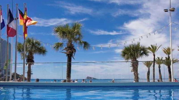 A swimming pool with palm trees and flags in the background. - Brisa (Benidorm)