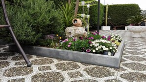Un jardí amb diverses plantes i flors, una roca decorativa i un paviment de pedra amb dibuixos.