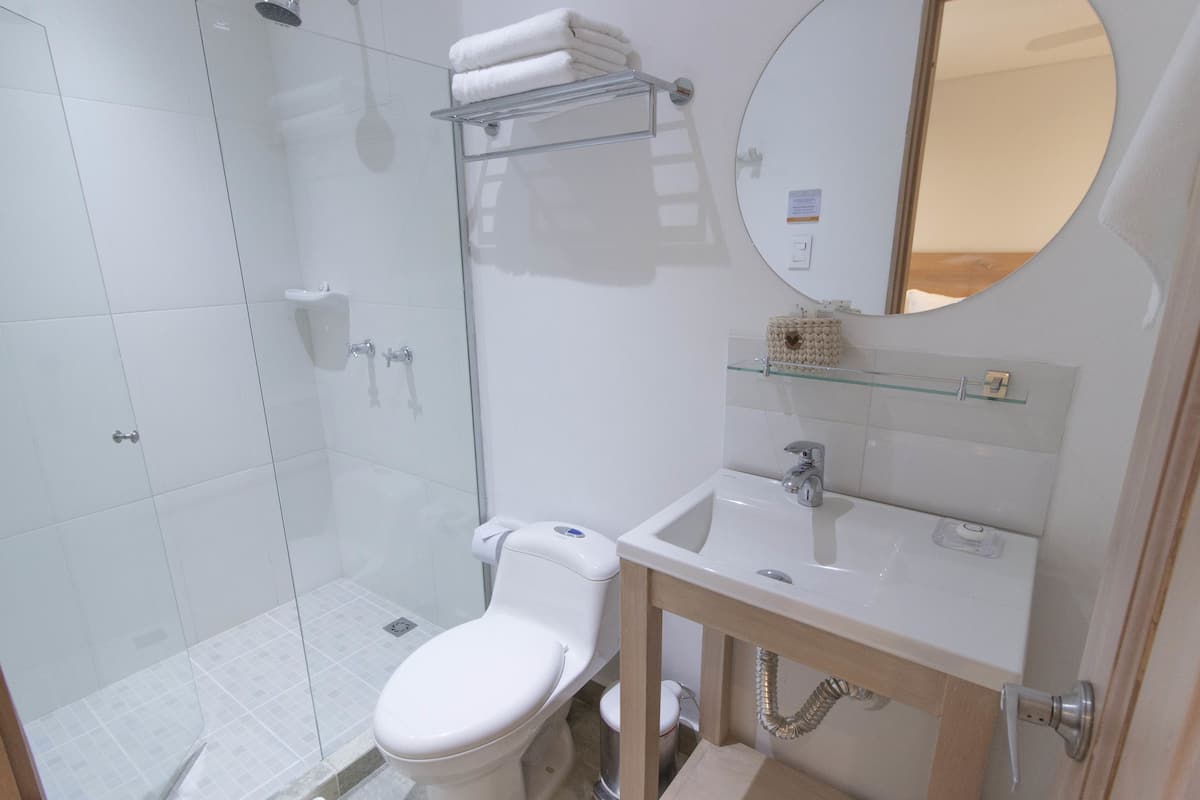 shower, rainfall showerhead, free toiletries, hair dryer