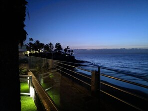 A coastal walkway with glass railings, palm trees, and a view of the ocean at dusk. - Acapulco (San Bartolomé de Tirajana)