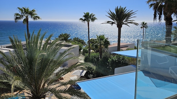 Ein Poolbereich mit Palmen und Meerblick.