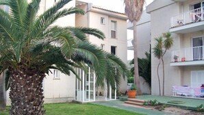 Ein Innenhof mit einer Palme, einer gläsernen Struktur und einem Gebäude mit Balkonen.