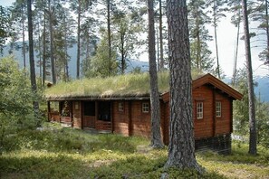Une cabane rustique au toit de chaume, entourée de grands arbres et dominée par un paysage montagneux.