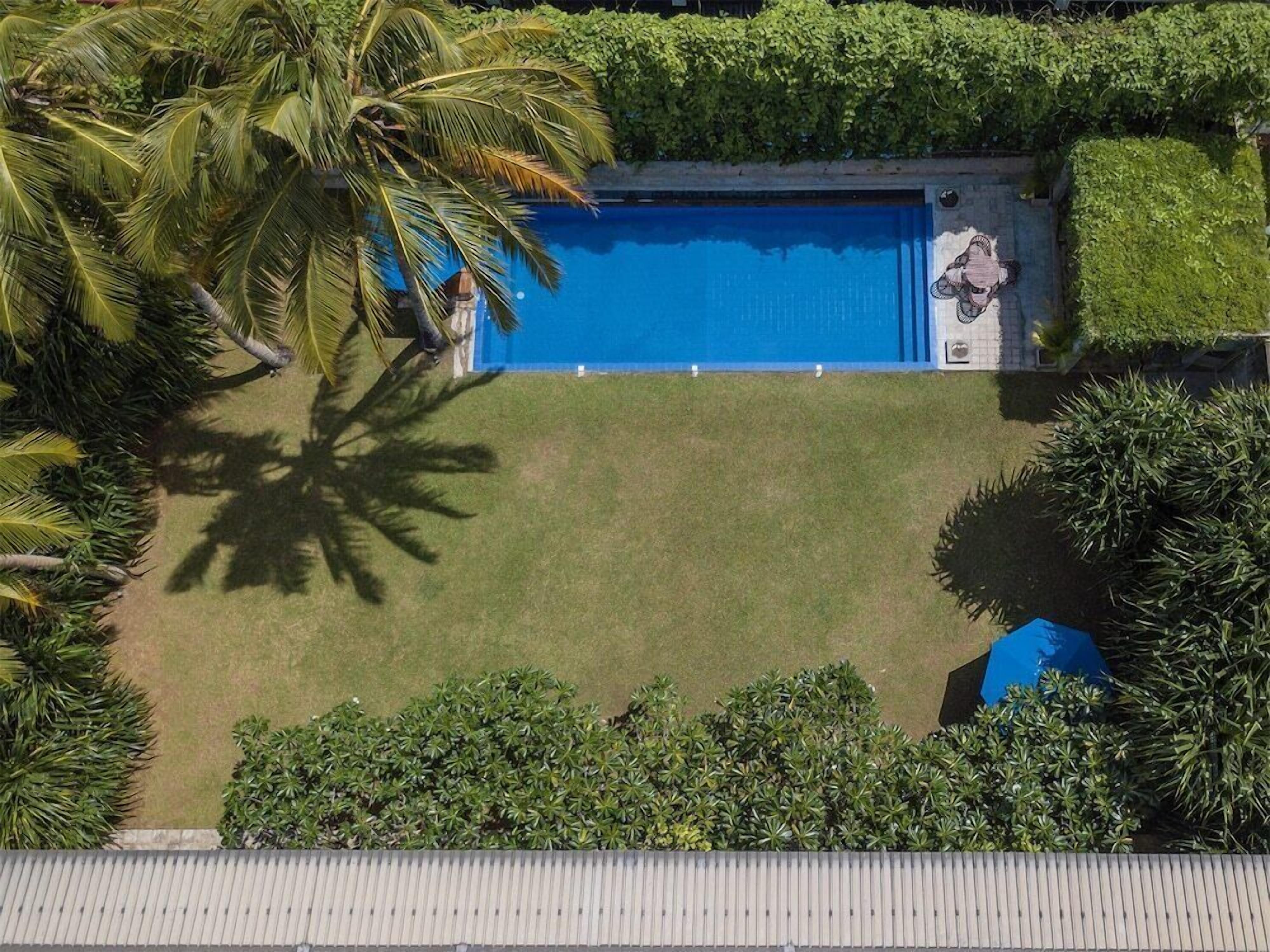 An aerial view of a swimming pool surrounded by lush greenery and palm trees.