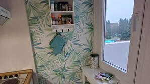 A small kitchen with a stove, a shelf with kitchen items, a window, and a trash bin. - Pure resin romance; Time out for 2 persons; feel good and relax (Altenau)
