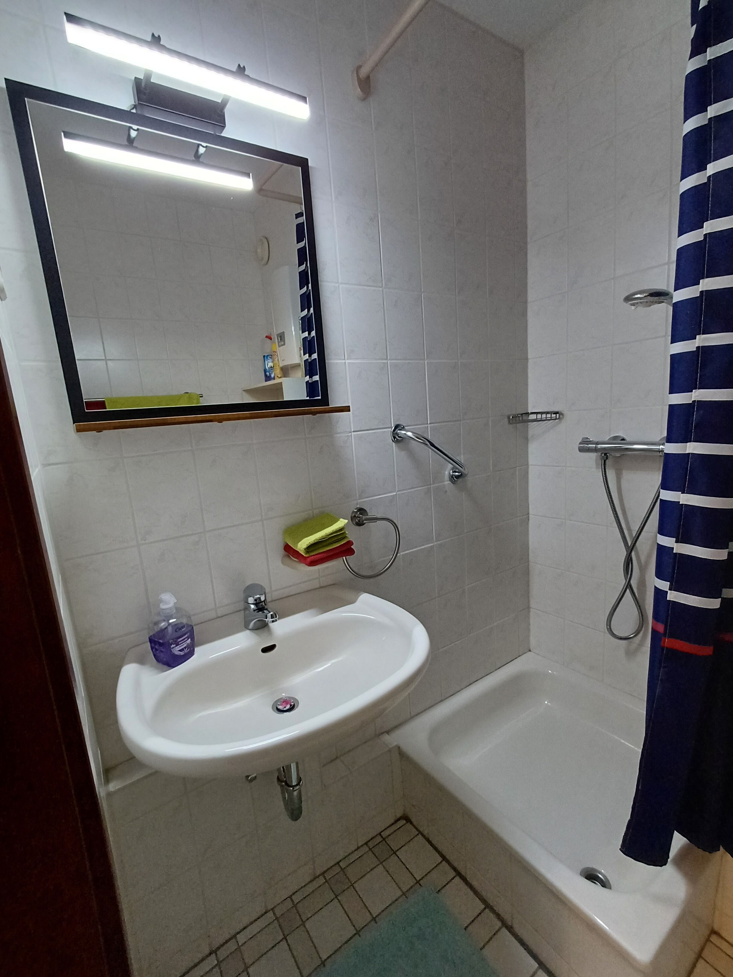 A bathroom with a white sink, mirror, and bathtub. There is a towel rack, a shower head, and a green mat on the floor.