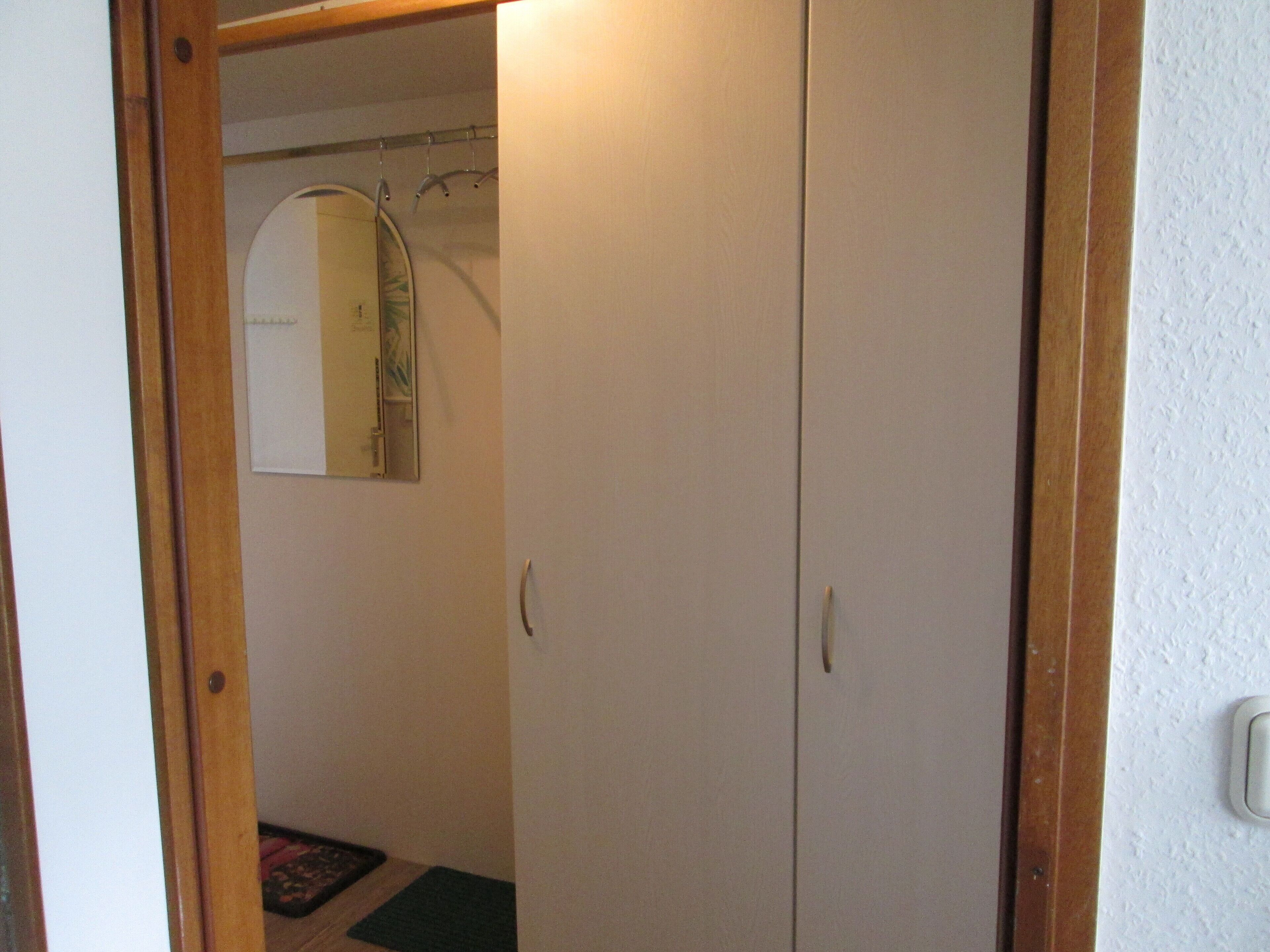 Una habitación con puerta de madera, un espejo y una alfombra pequeña en el suelo.