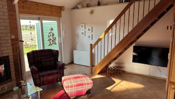 Een smart-tv, een open haard, boeken en een stereo