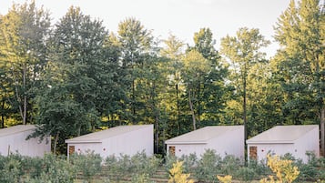 A row of white, single-story buildings with flat roofs, surrounded by a forested area.