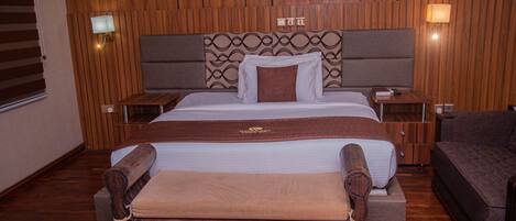 Premium bedding, down duvets, desk, laptop workspace