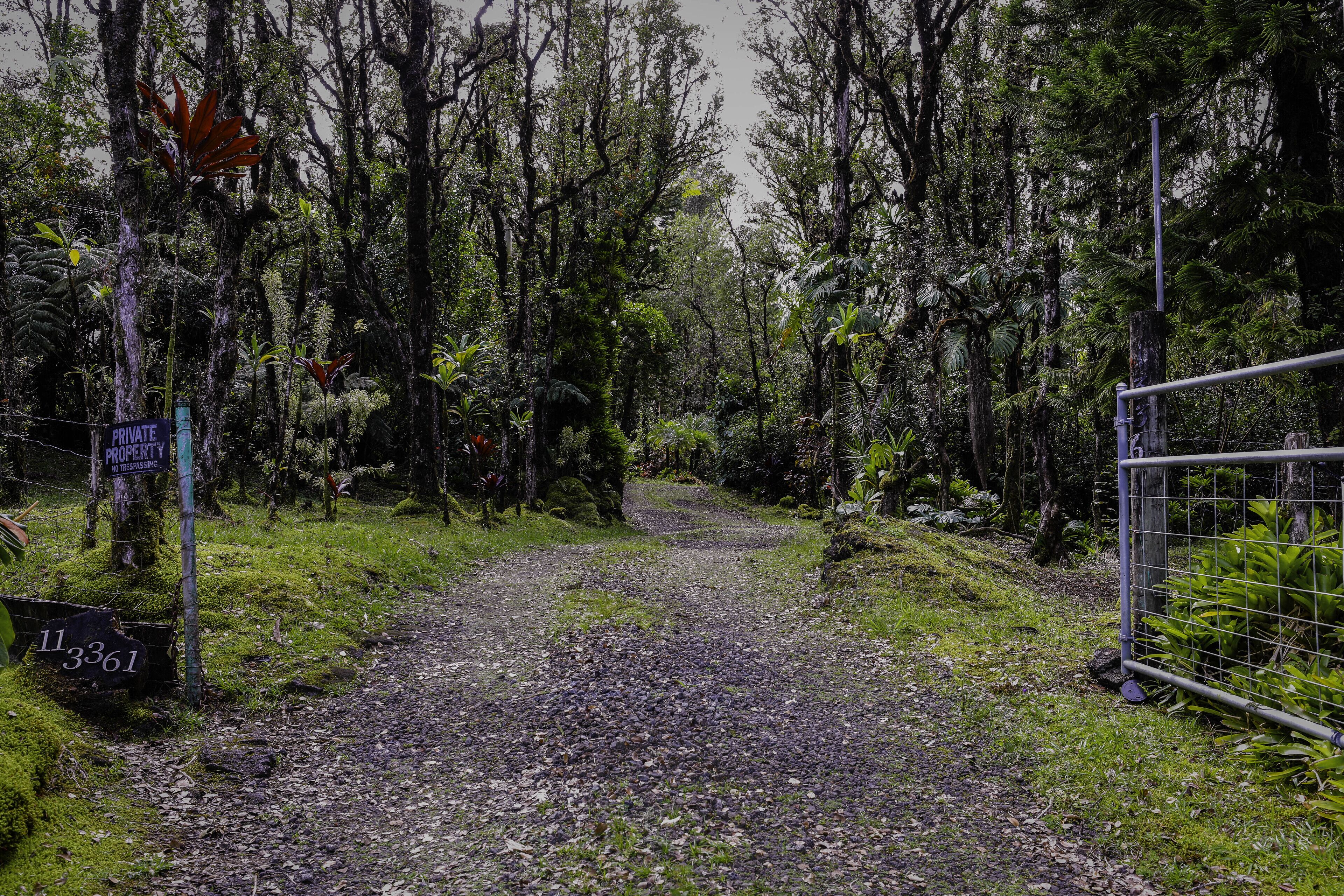 A gravel path leading through a dense forest with a private property sign and a metal gate.