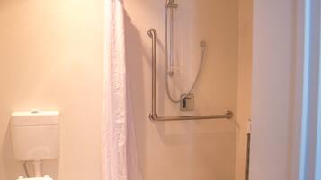 Un baño con ducha, inodoro y barra de apoyo.