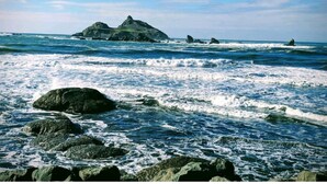 Une côte rocheuse où les vagues s’écrasent contre les rochers.