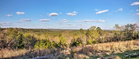 A natural landscape with a clear sky, trees, and a grassy area with rocks.