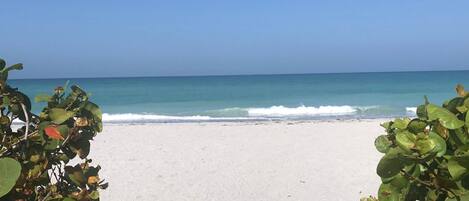On the beach, sun loungers, beach towels