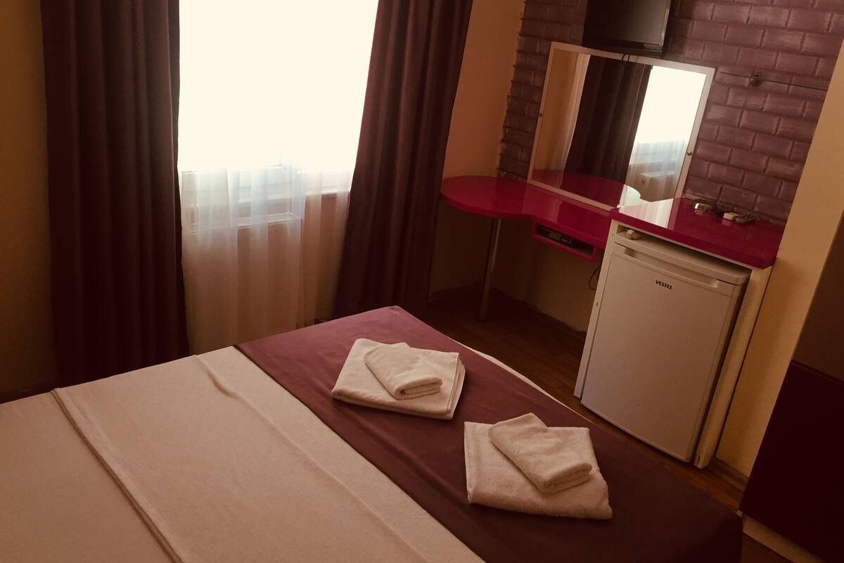 A hotel room with a bed, a desk, a small refrigerator, and a television on the wall.