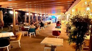 A restaurant with wooden tables and chairs, a large plant, and hanging lights.