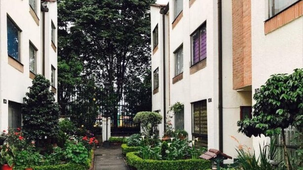 Un sentiero stretto costeggiato da aiuole curate e vegetazione, che conduce a un edificio con numerose finestre.