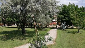 Un sentier qui traverse un parc, avec des arbres et un bâtiment en arrière-plan.