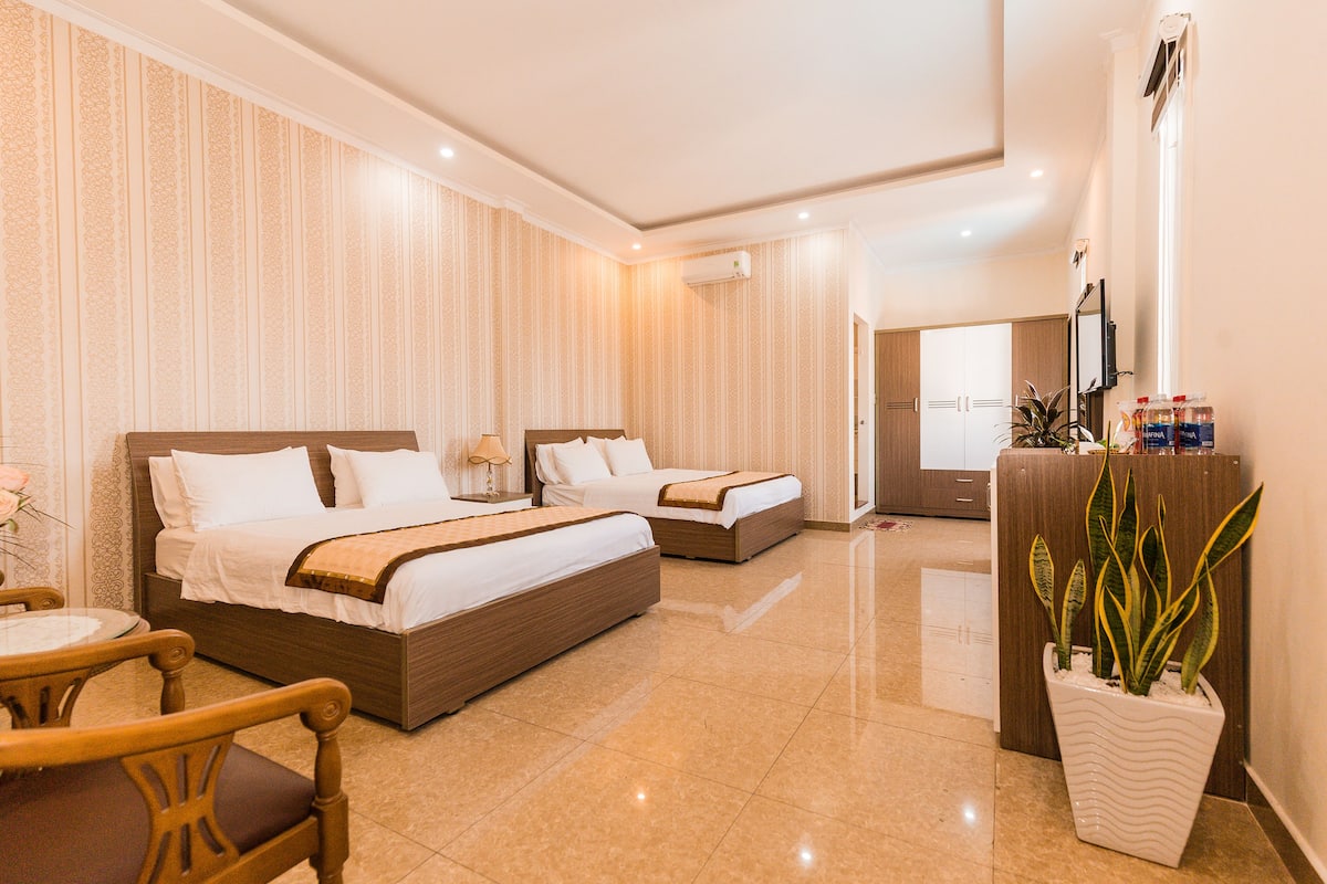 Habitación de hotel con dos camas, una silla de madera, una mesita pequeña, una planta en maceta y un minibar.