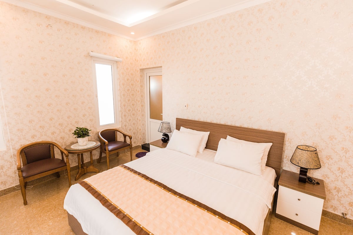 Habitación de hotel ordenada con una cama grande, una mesita de noche con lámpara, una silla, una pequeña mesa con una planta y un ventanal.