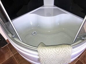 Combined shower/tub, hair dryer, bidet, towels - Holiday apartment TOWER ROOM in the Leppersdorf manor near Radeberg (Leppersdorf)