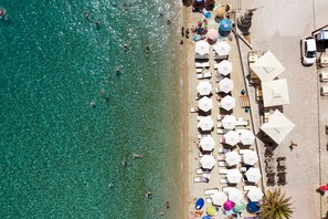 On the beach, sun-loungers, beach umbrellas, beach towels