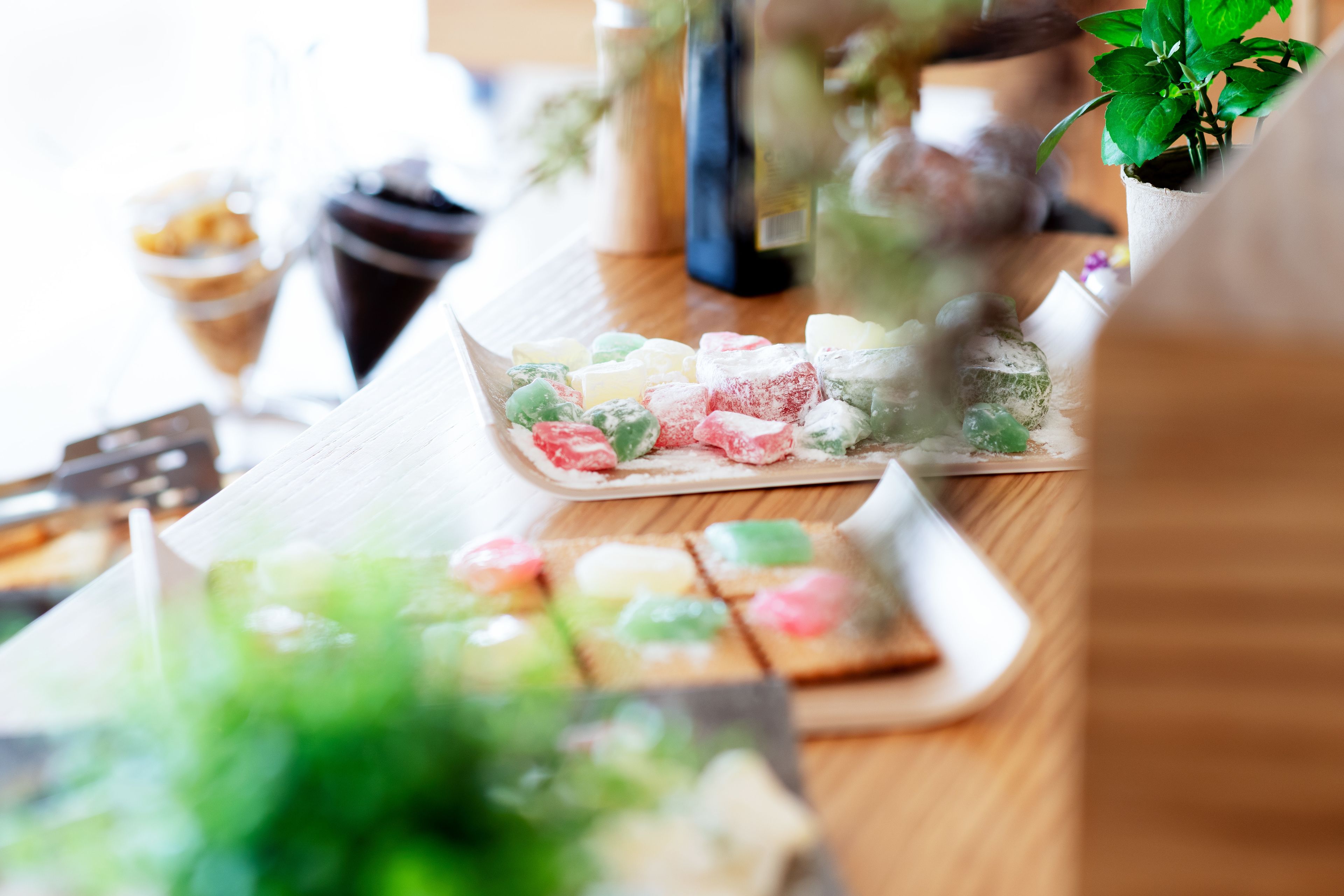 A table with various types of food, including colorful pastries and a plant in the background.