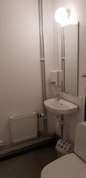 Un baño con lavamanos blanco, un espejo y un inodoro.