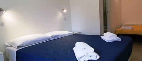 A hotel room with a large bed, a smaller bed, and a nightstand.