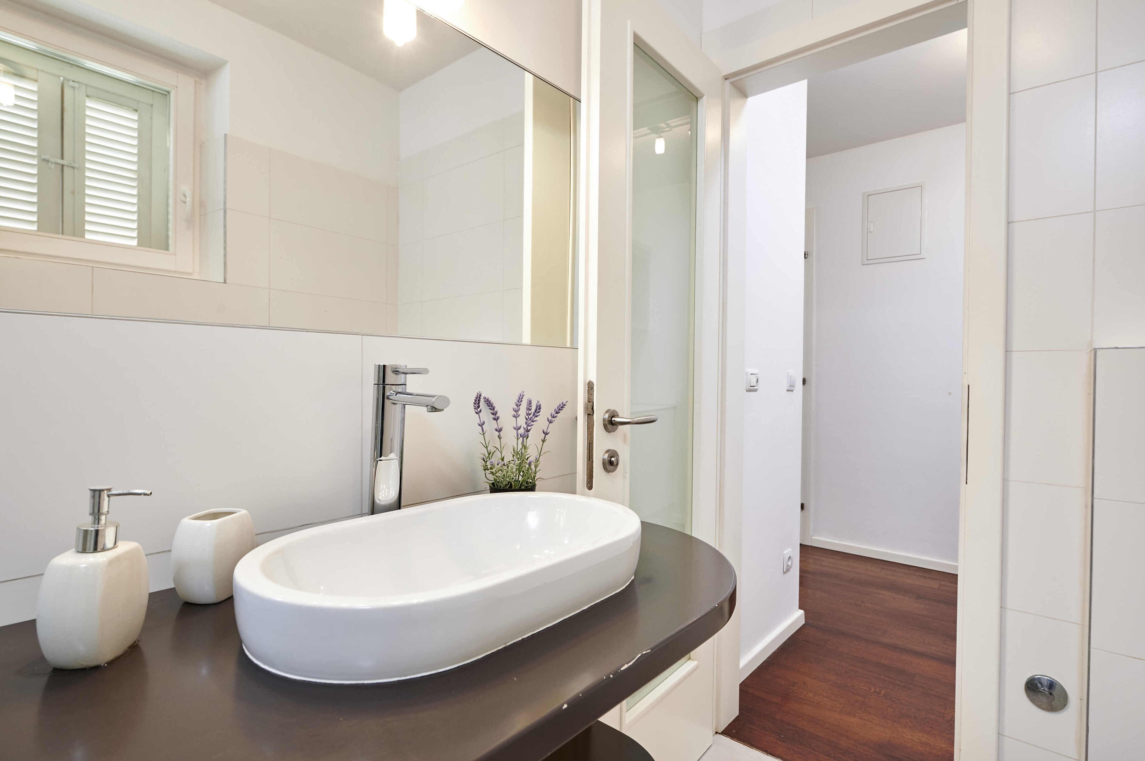 Un baño moderno con un lavamanos ovalado grande, un espejo y una planta pequeña.