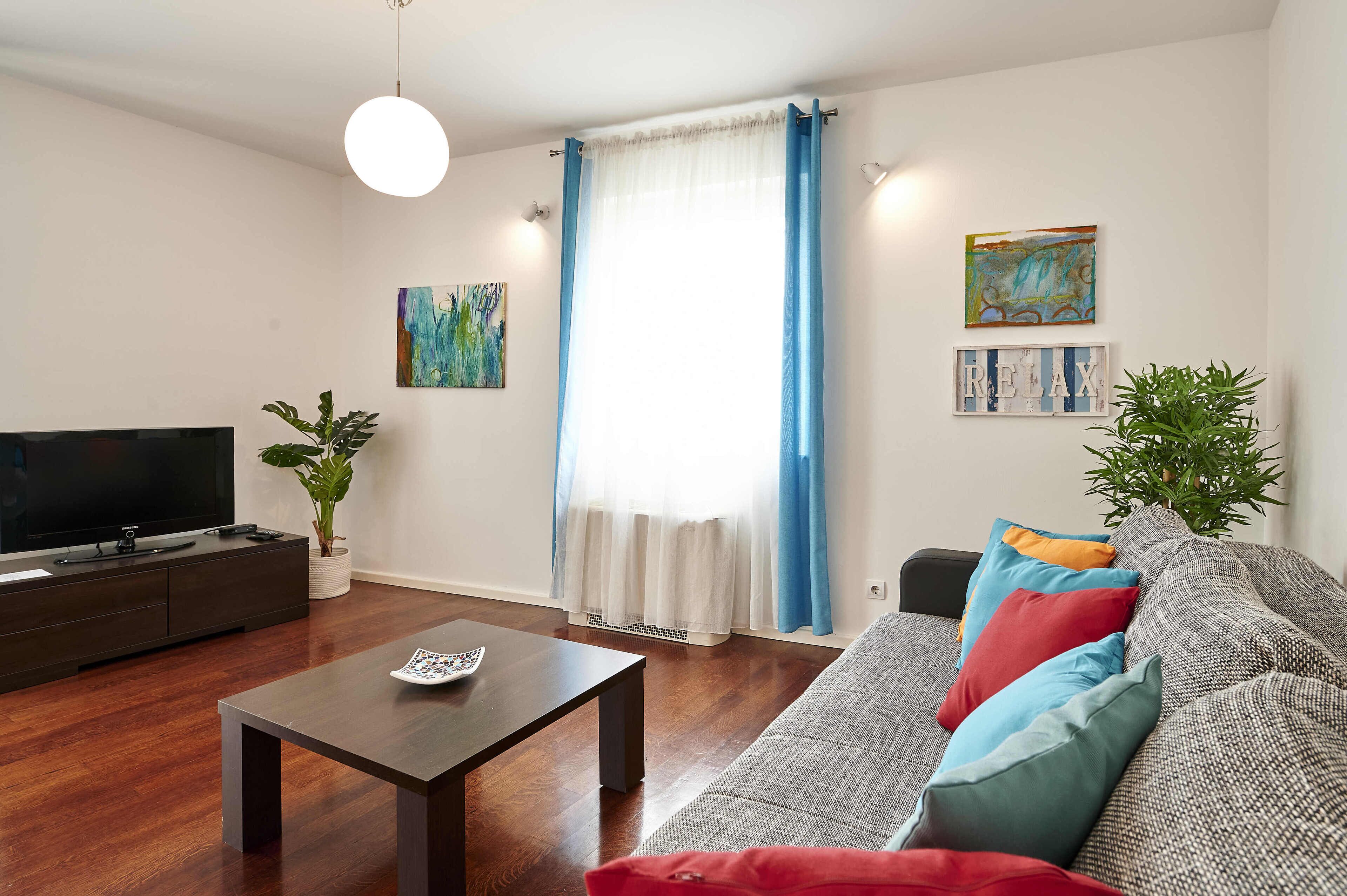 Een woonkamer met een bank, een salontafel, een televisie en een potplant.