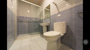 Shower, free toiletries, hair dryer, slippers
