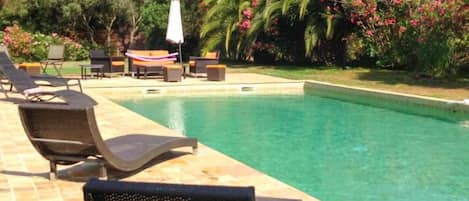 Seasonal outdoor pool, pool umbrellas, sun loungers