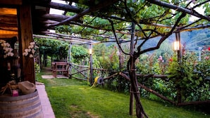 A rustic outdoor area with a wooden pergola, a barrel, and a garden with various plants and flowers. - Il Tintore (Tramonti)