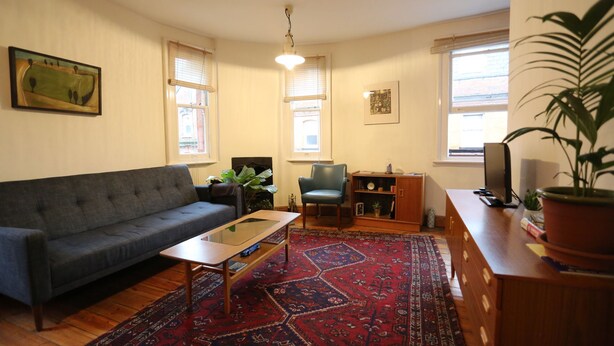 A living room with a sofa, a coffee table, a chair, a bookshelf, and a television. There are windows with blinds, a plant, and a painting on the wall. - Stay Retro in Soho (London)